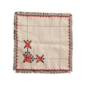 Embroidered Fringed Floral Snowflake White Red & Black Cocktail Napkin Square